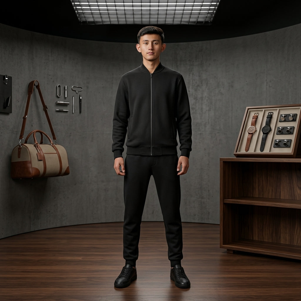 Men Fleece Zipper Track Suit Black XL to XXL Winter Warm