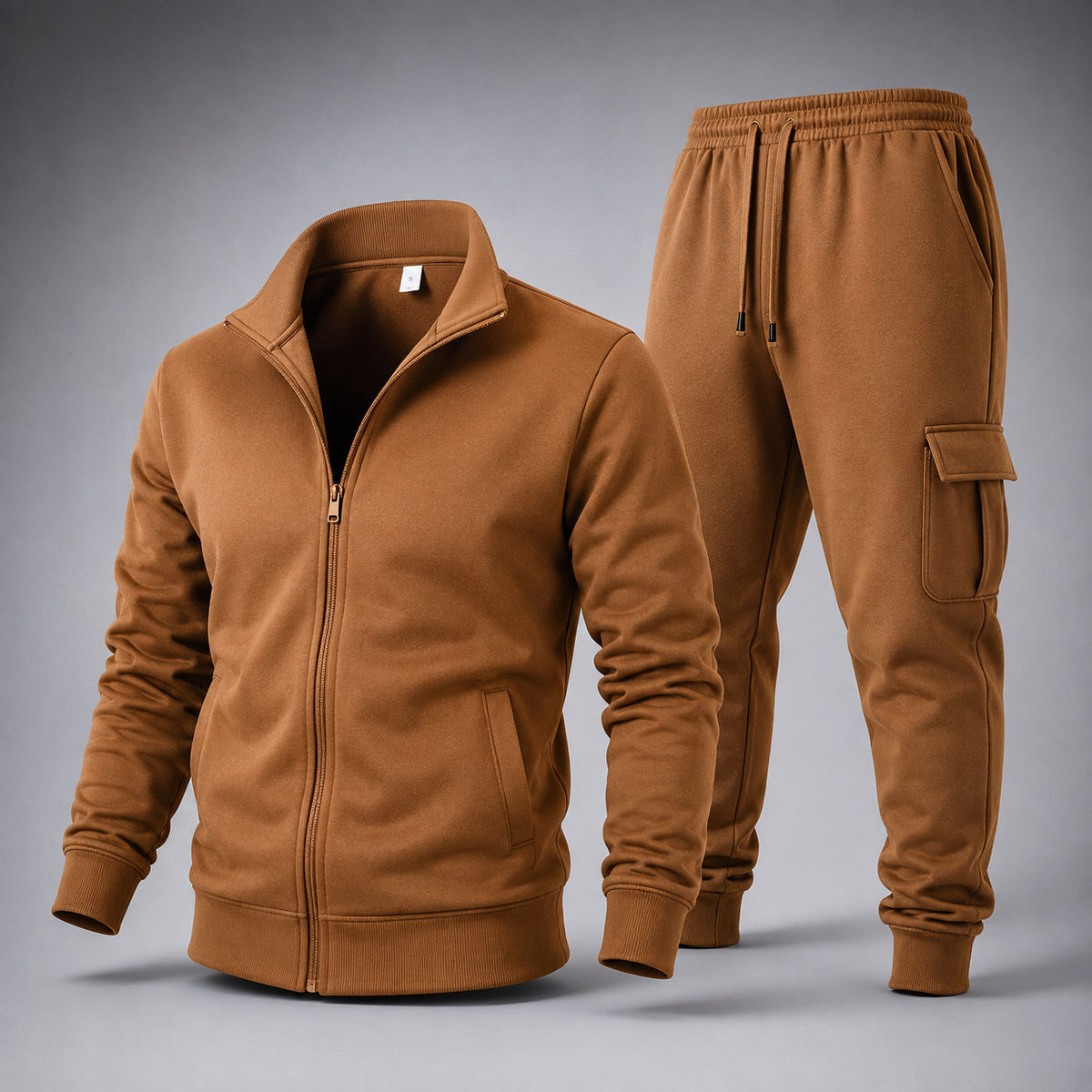 Men Fleece Zipper Track Suit Brown Cozy Warm