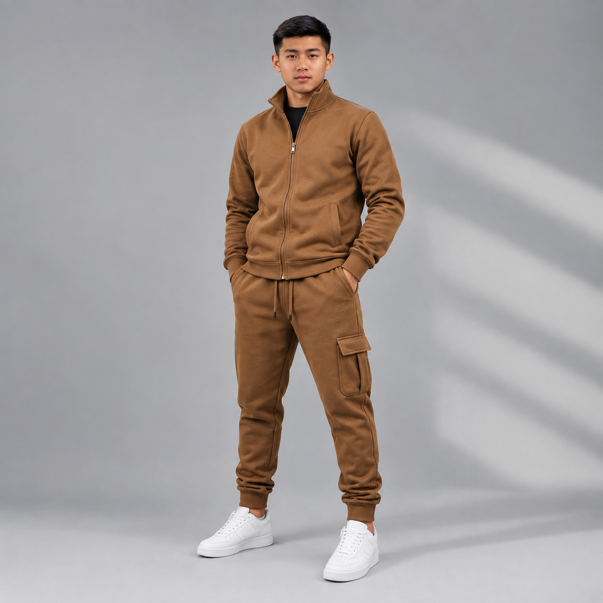 Men Fleece Zipper Track Suit Brown Cozy Warm
