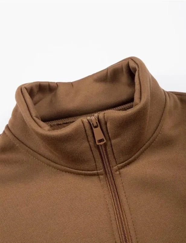 Men Fleece Zipper Track Suit Brown Cozy Warm
