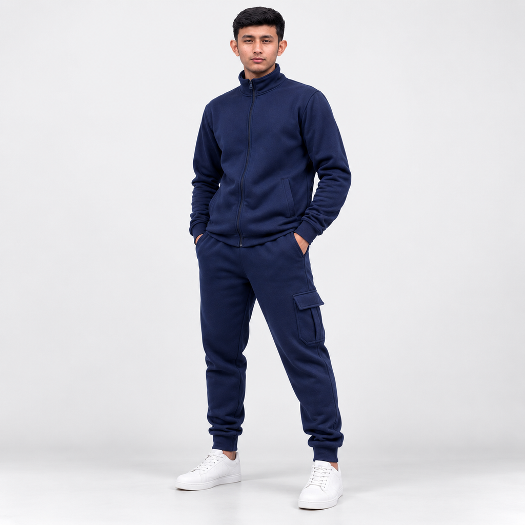 Men Fleece Track Suit Blue Zip-Up with Pockets