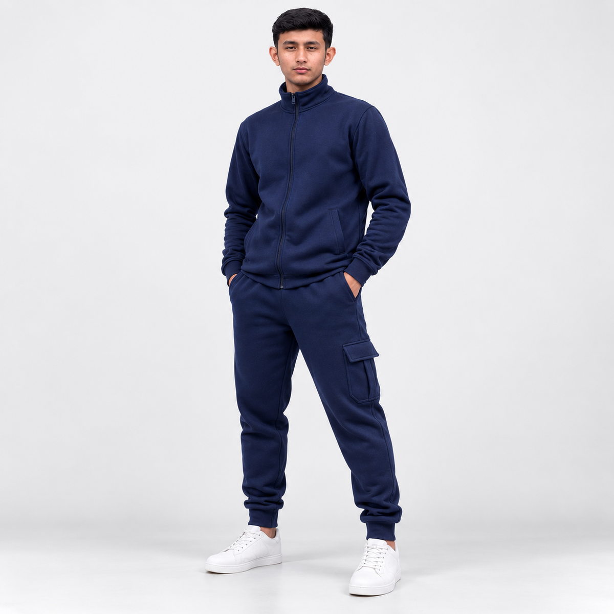 Men Fleece Track Suit Blue Zip-Up with Pockets